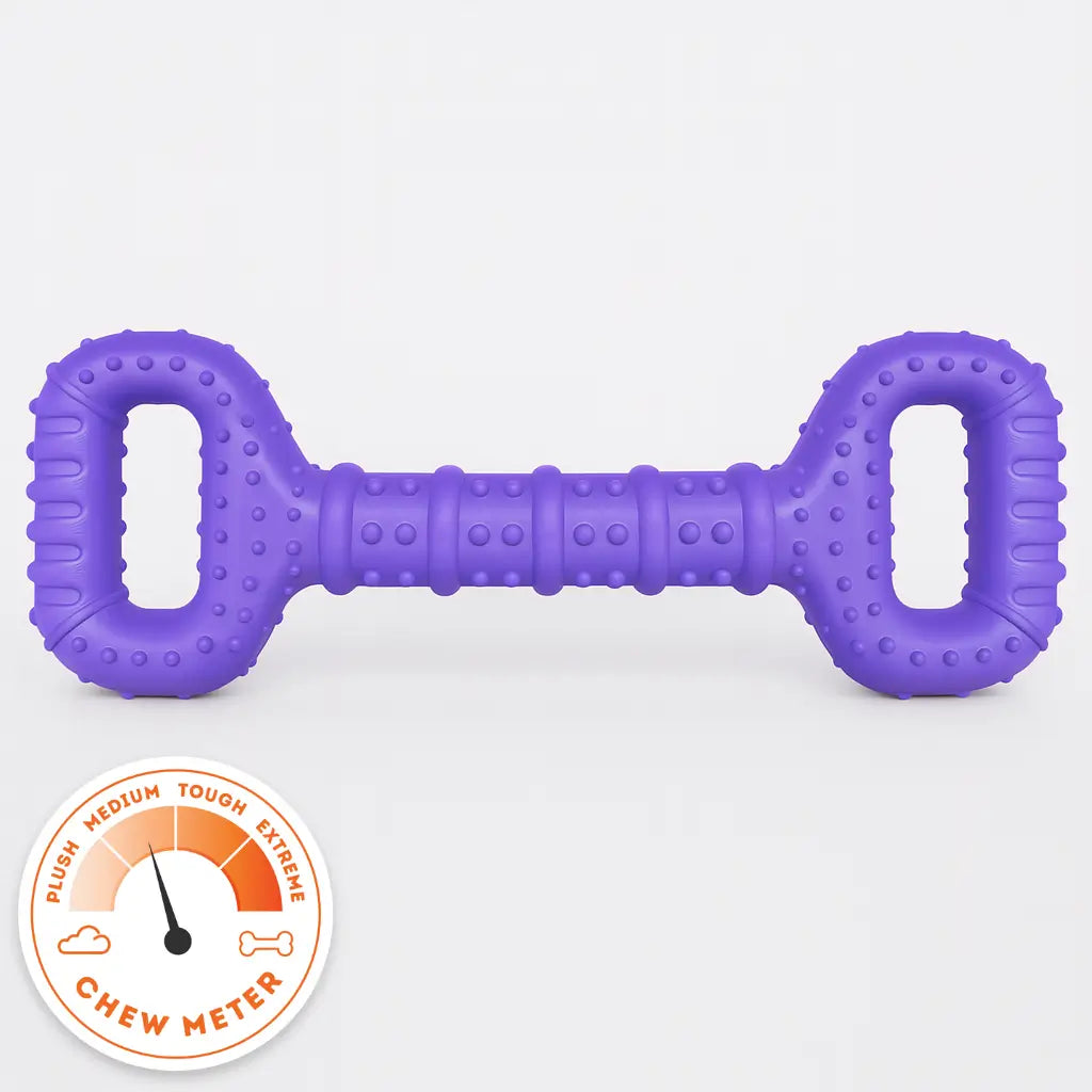 The Tommy Tug Handle dog toy in purple with tough chew meter rating.