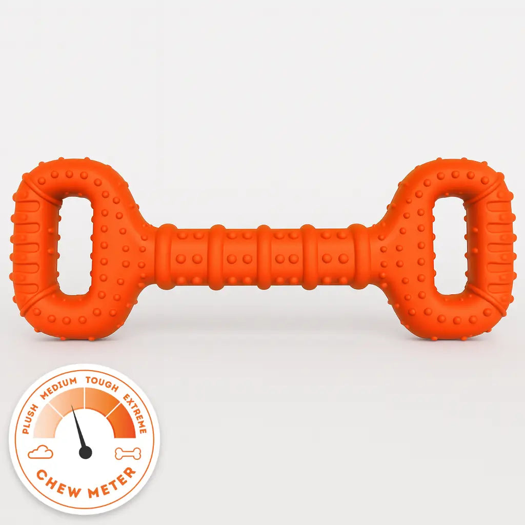 The Tommy Tug Handle dog toy in orange with tough chew meter rating.