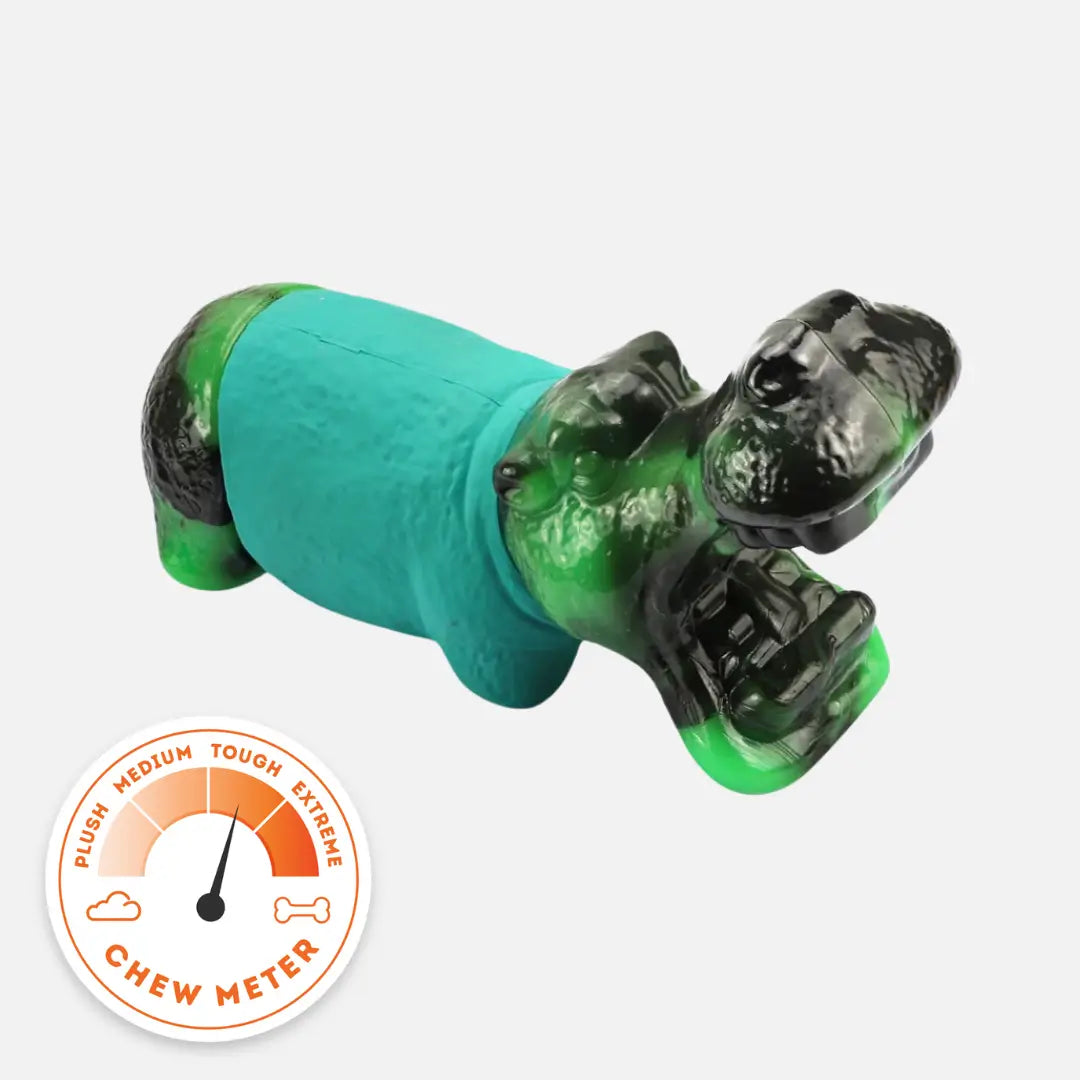 Hungry Hippo dog chew toy with extreme chew meter on a white background
