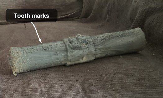 Chewzilla toy with tooth marks from normal wear — not covered